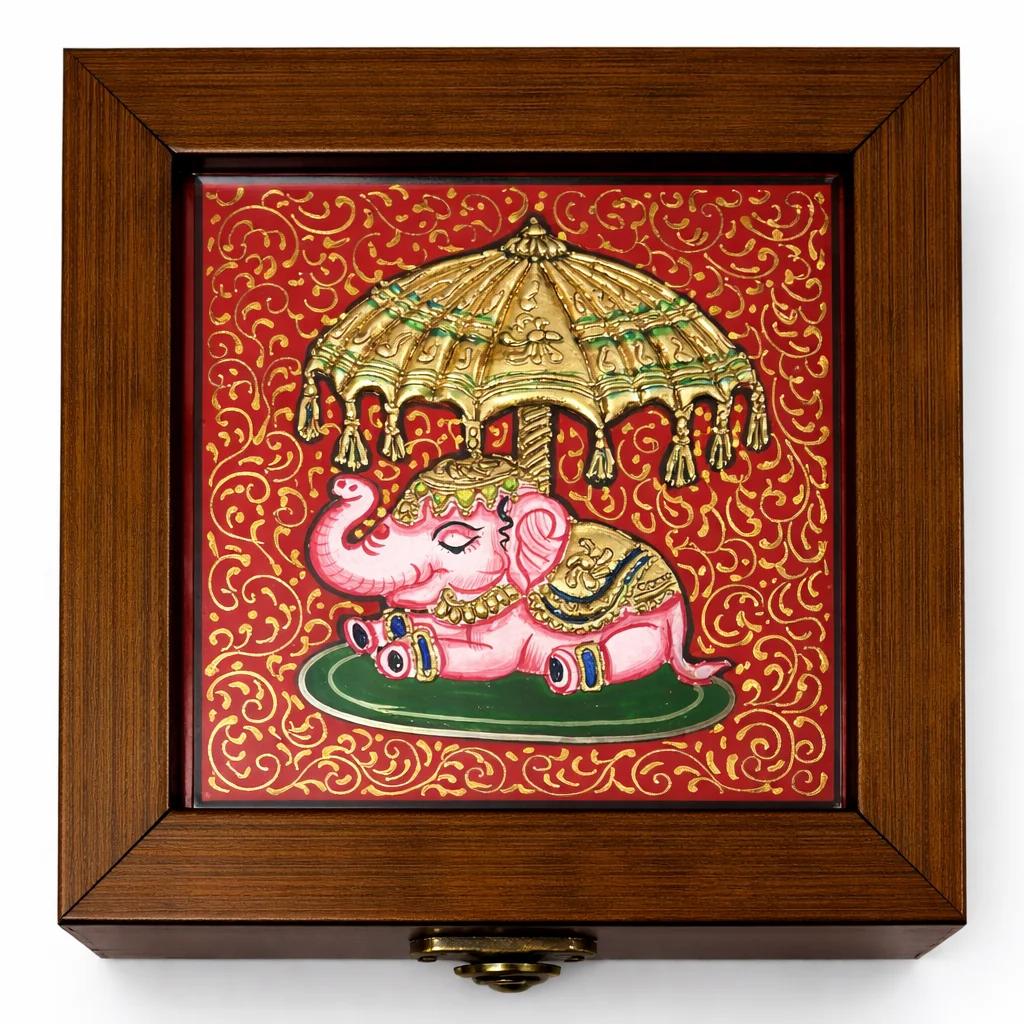 Handcrafted Tanjore Royal Elephant Jewelry Box (6x6 Inch) – Red Gold Foil Kundan Decorative Gift Box