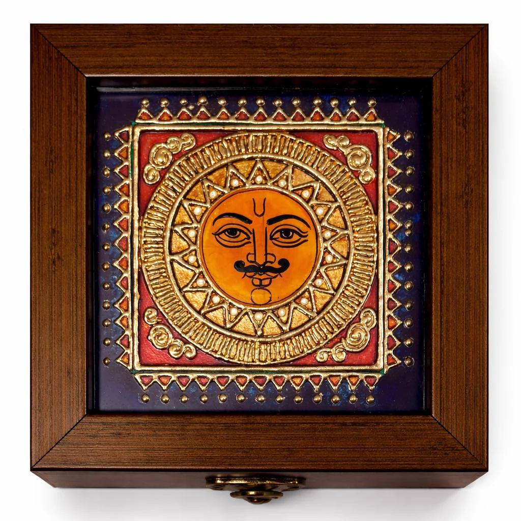 Handcrafted Tanjore Surya (Sun God) Jewelry Box (6x6 Inch) – Gold Foil Kundan Decorative Gift Box