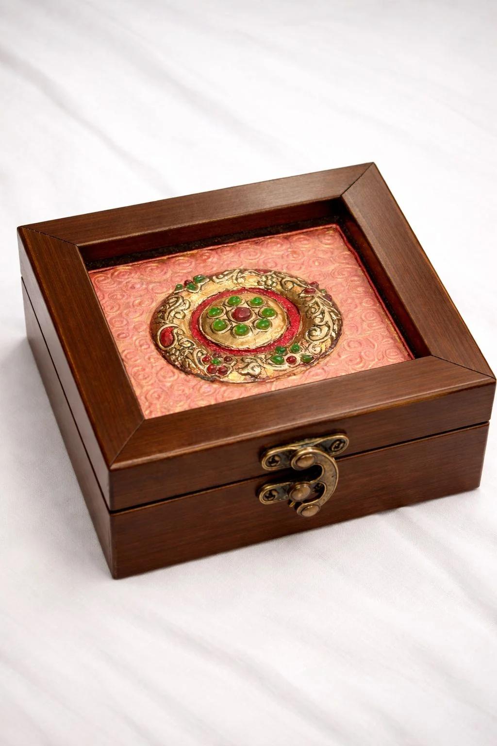 Handcrafted Tanjore Art Jewelry Box (5x5 Inch) – Gold Foil Kundan Decorative Gift & Storage Box