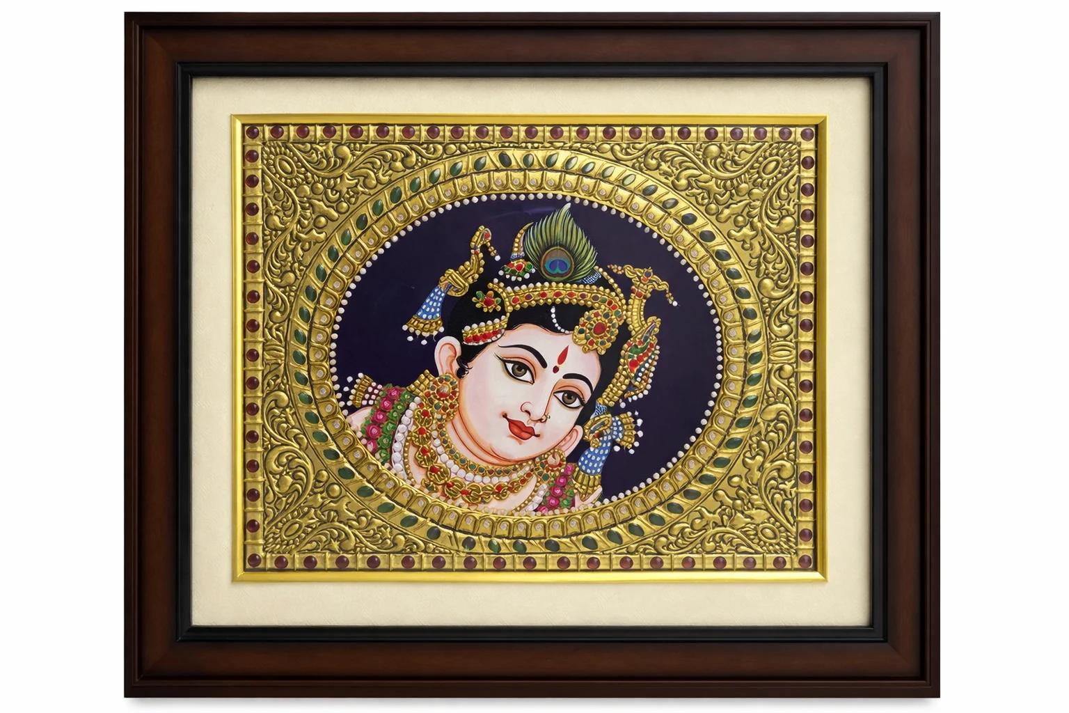 Handcrafted Tanjore Lord Krishna Portrait Frame (12x14 Inch) – Gold Foil Kundan Traditional Wall Art