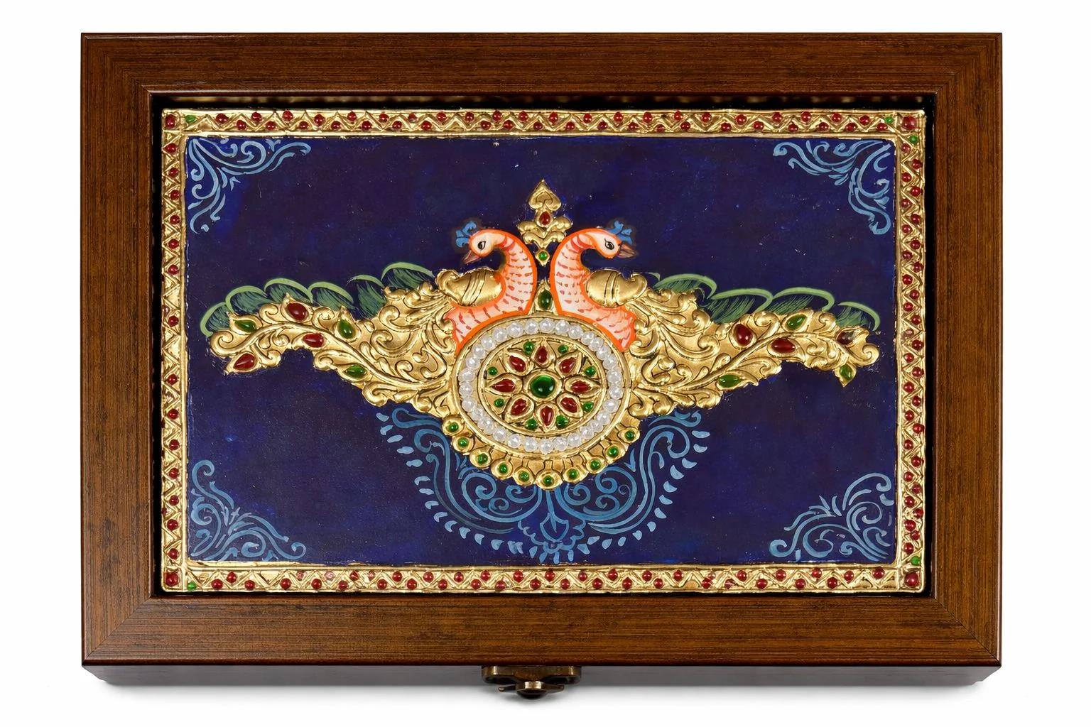 Handcrafted Tanjore Peacock Jewelry Box (9x6 Inch) – Gold Foil Kundan Decorative Gift & Storage Box