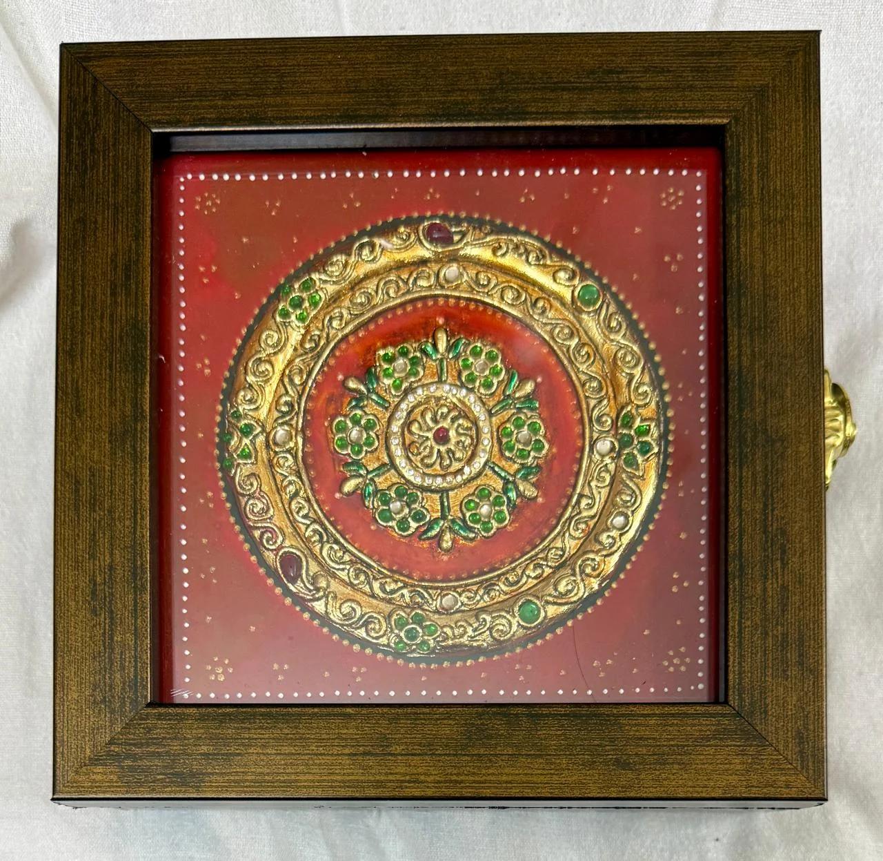 Handcrafted Tanjore Mandala Jewelry Box (6x6 Inch) – Red & Gold Kundan Decorative Gift Box