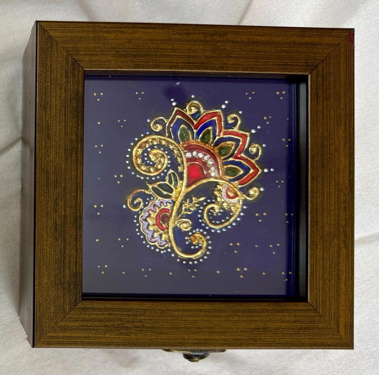 Handcrafted Tanjore Floral Paisley Jewelry Box (5x5 Inch) – Blue Gold Kundan Decorative Gift Box