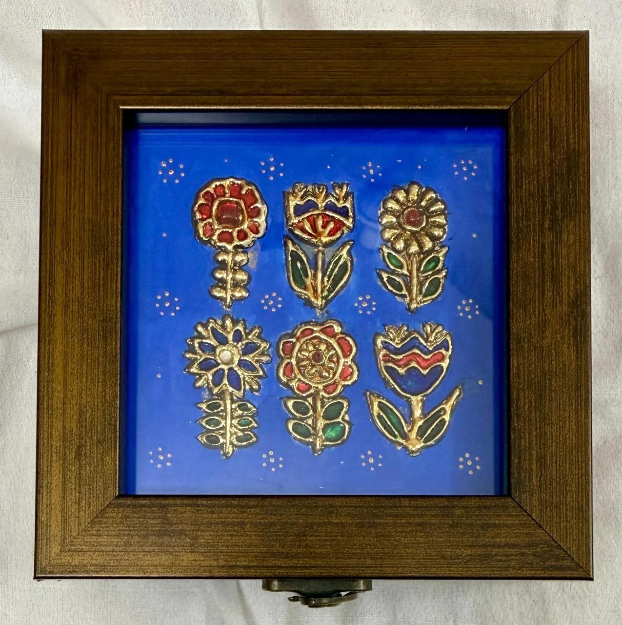 Handcrafted Tanjore Floral Motif Jewelry Box (5x5 Inch) – Blue Gold Kundan Decorative Gift Box