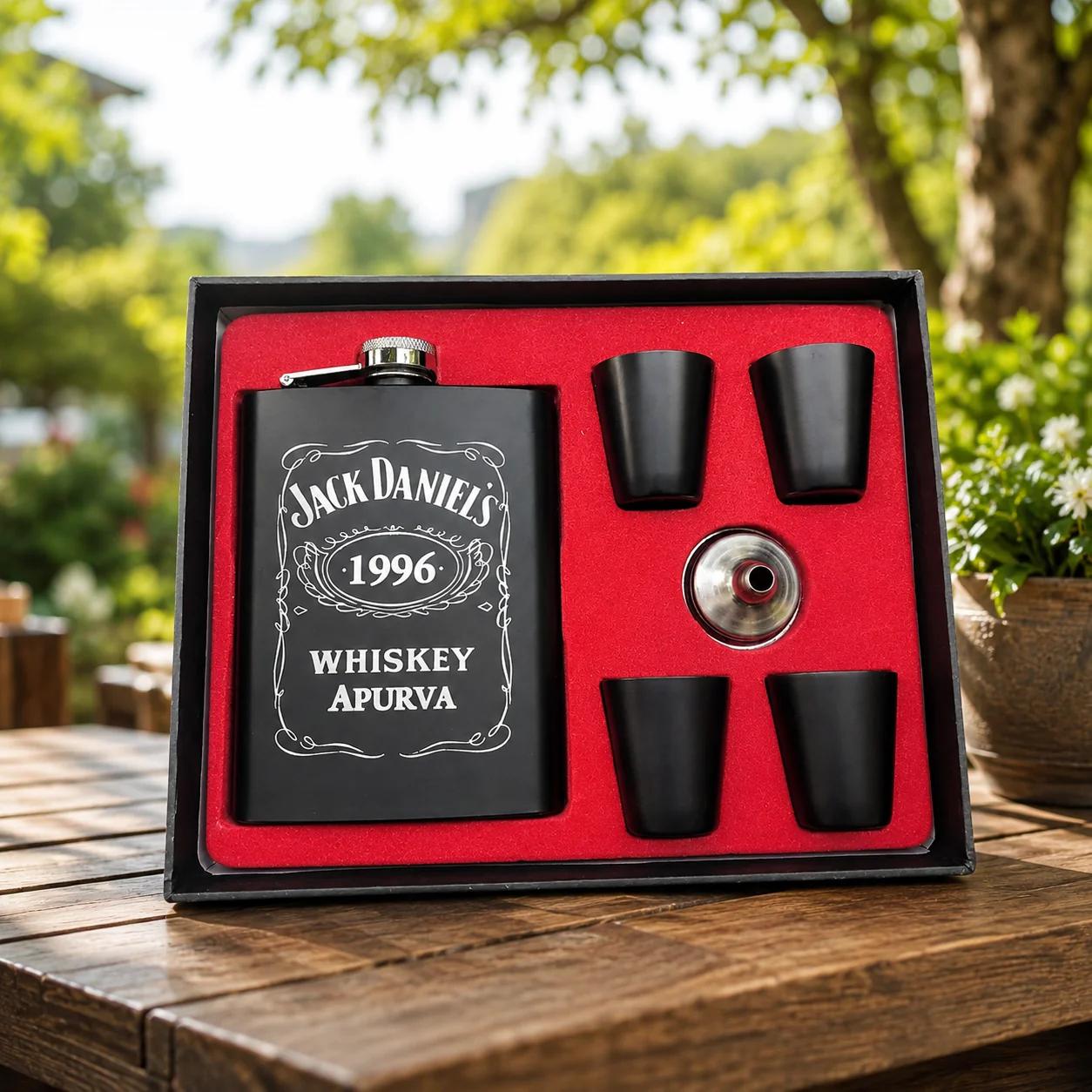 MH Decors Premium Engraved Hip Flask Set with 4 Glasses Personalized Gift