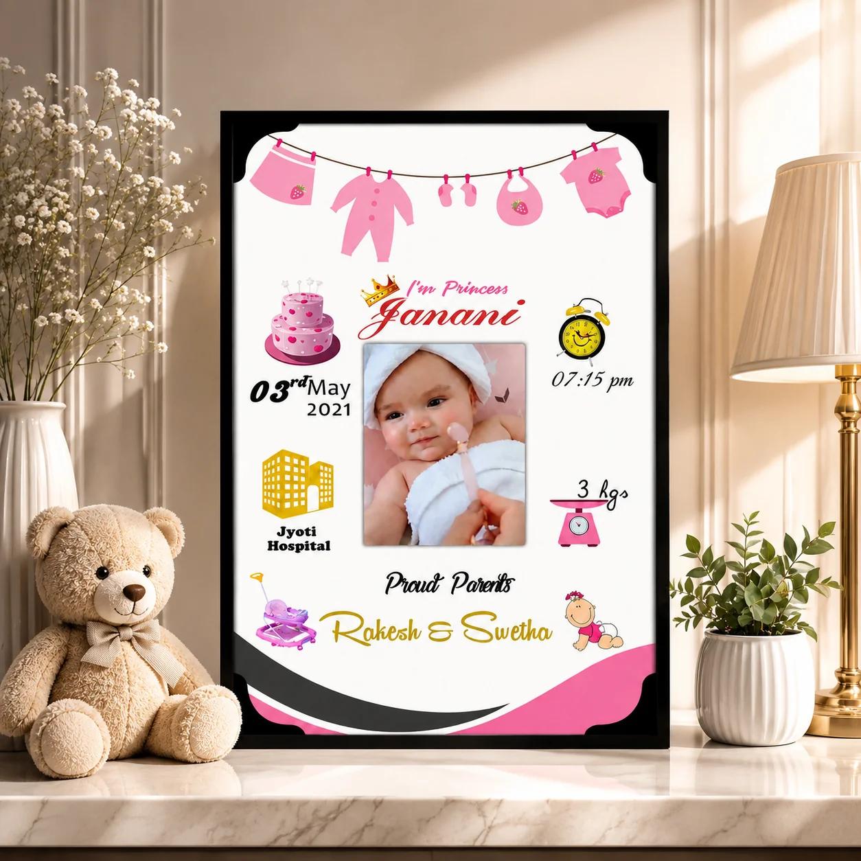 Zpics Baby Girl Birth Details Photo Frame Personalized Wooden Frame Small(A4 8x12 Inches)