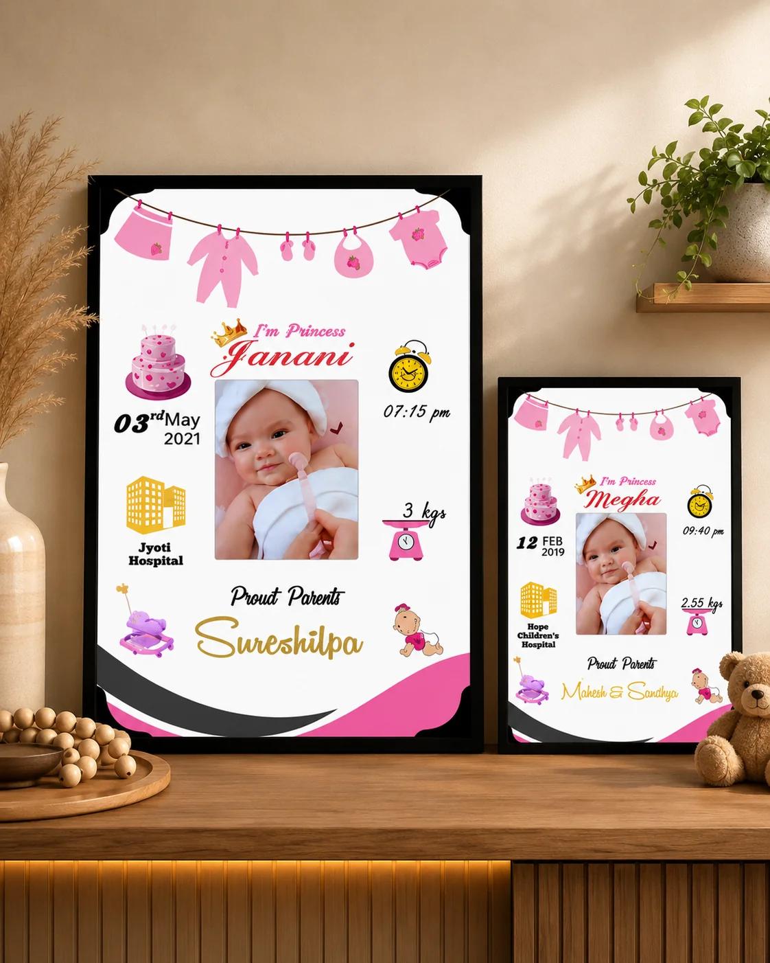 Zpics Baby Girl Birth Details Photo Frame Personalized Wooden Frame Large A3 12x18 Inches