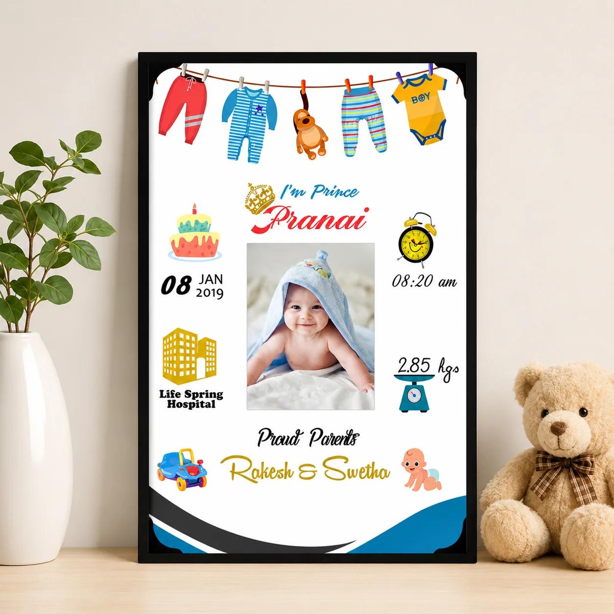 Personalized New Born Baby Photo Frame with Birth Details wall Mount(Baby Boy)Large Size A3 12x18 Inches