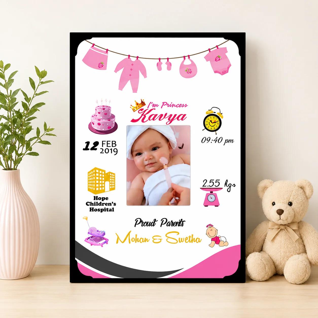 Personalized New Born Baby Photo Frame with Birth Details wall Mount(Baby Girl)Small Size A4 8x12 Inches