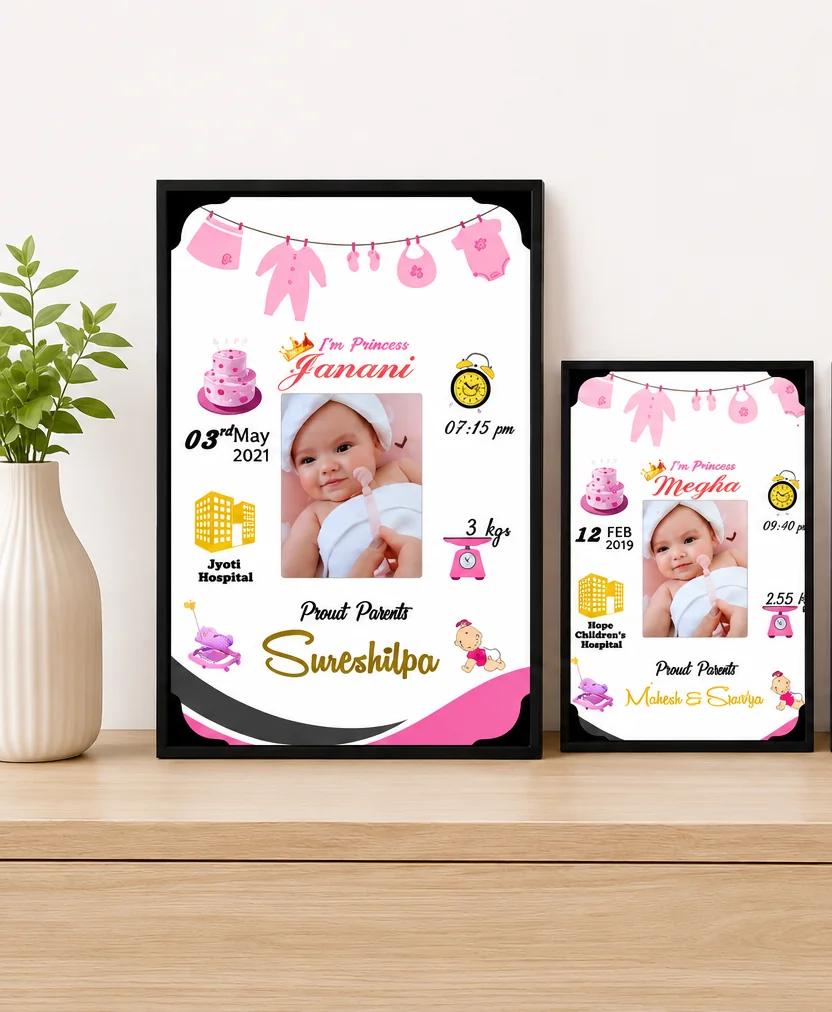 Personalized New Born Baby Photo Frame with Birth Details wall Mount(Baby Girl)Large Size A3 12x18 Inches