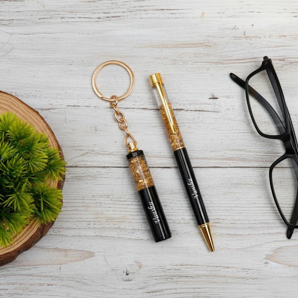 MH Decors Luxury Personalized Gift Set – Gold Flake Pen & Keychain