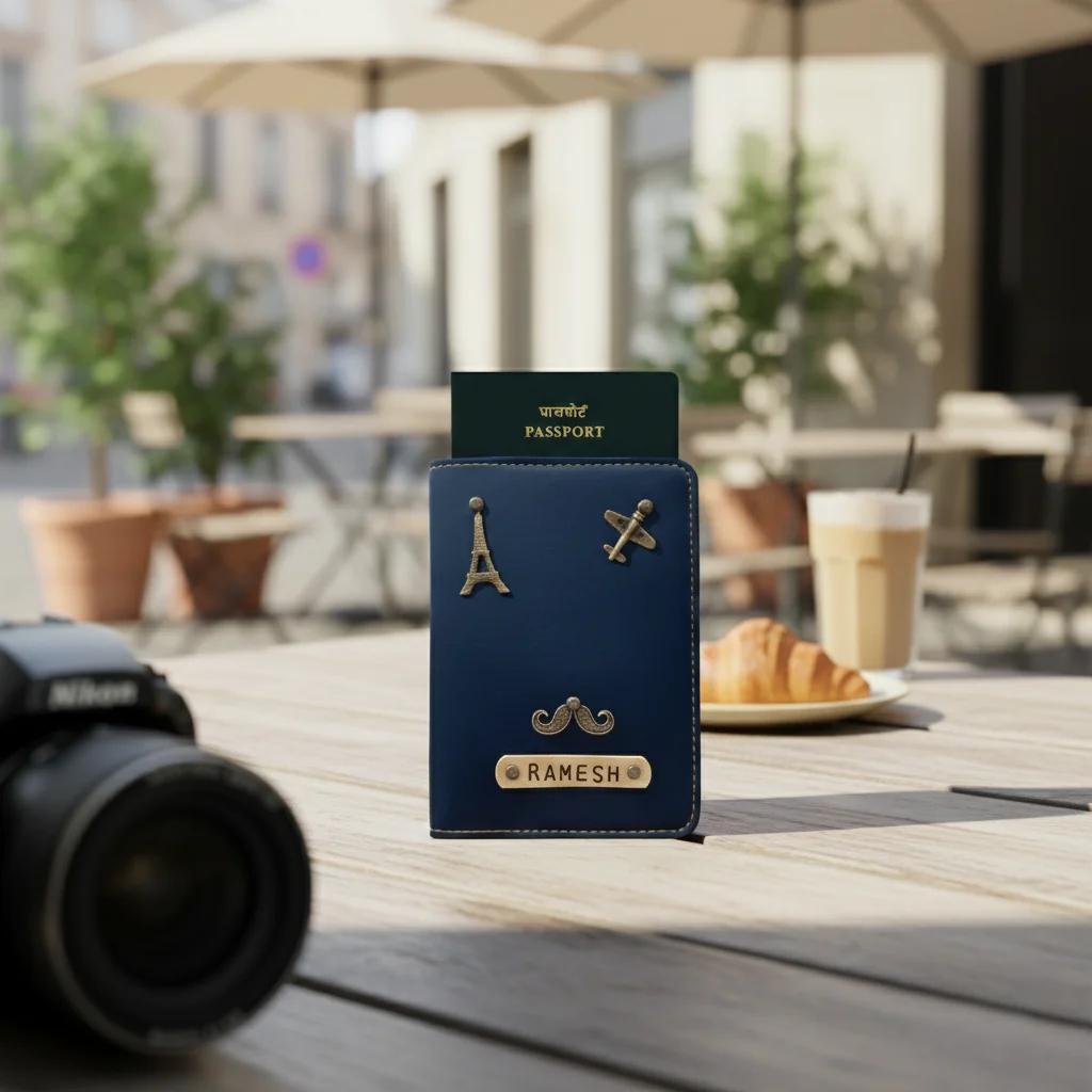 MH Decors Customizable Blue Passport Holder – Name Engraving with Charm