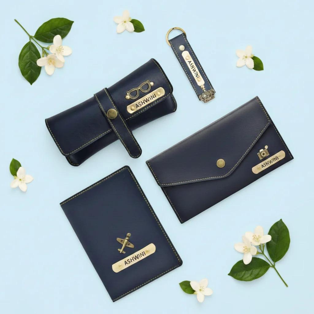 MH Decors Personalized Blue Leather Gift Set for Women – Wallet, Passport Cover & More