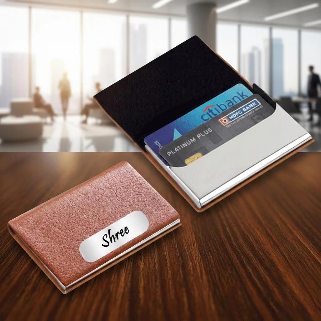 MH Decors Premium Personalized Card Holder – Name Engraved Metal and Leather