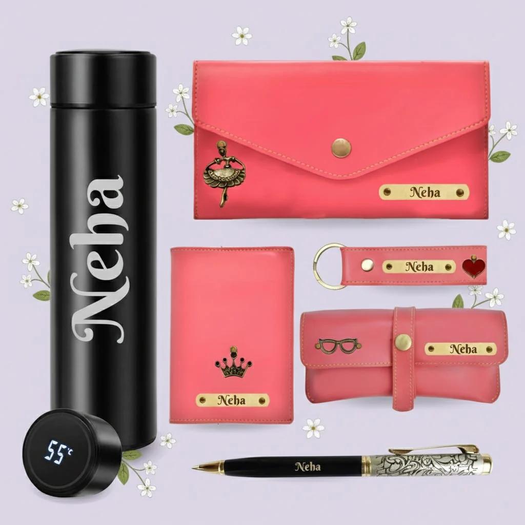 MH Decors Personalized Pink Gift Combo for Her – Wallet, Passport Cover & Accessories