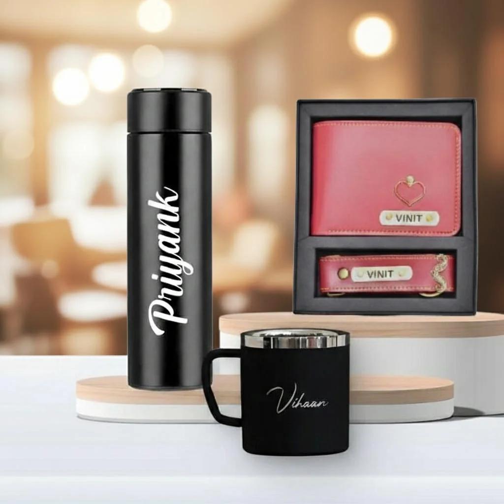 Zpics Leather Wallet Keychain with Smart Bottle Mug