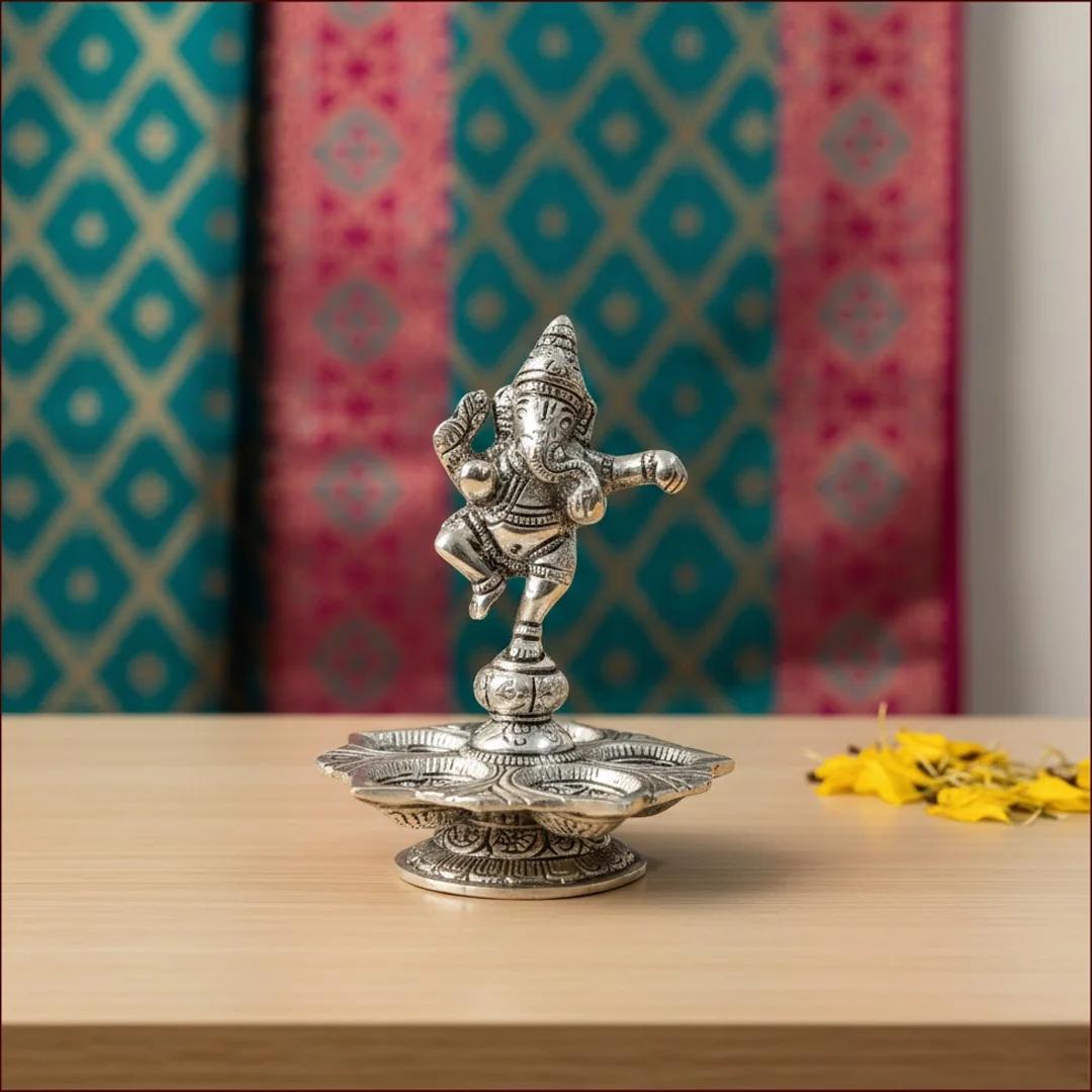 VPH Gift Store Elegant German Silver Ganesh Diyas Set of 2 for Religious Ceremonies