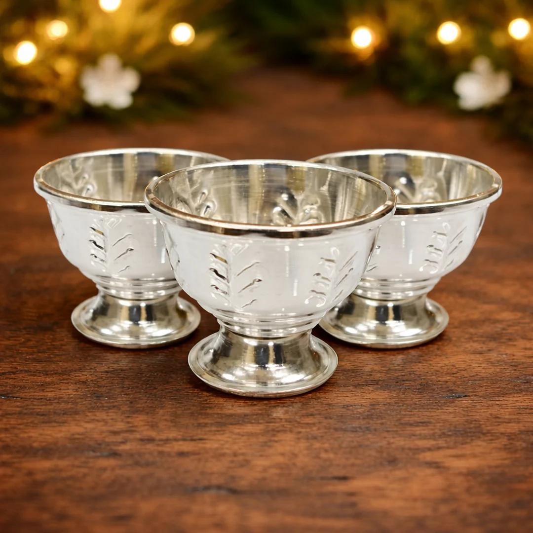 VPH Gift Store Decorative 1 Inch German Silver Bowls Set of 10 for Mandir