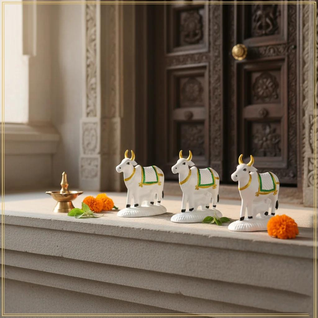 VPH Gift Store Decorative German Silver Cow and Calf Idol 2 Inch for Mandir