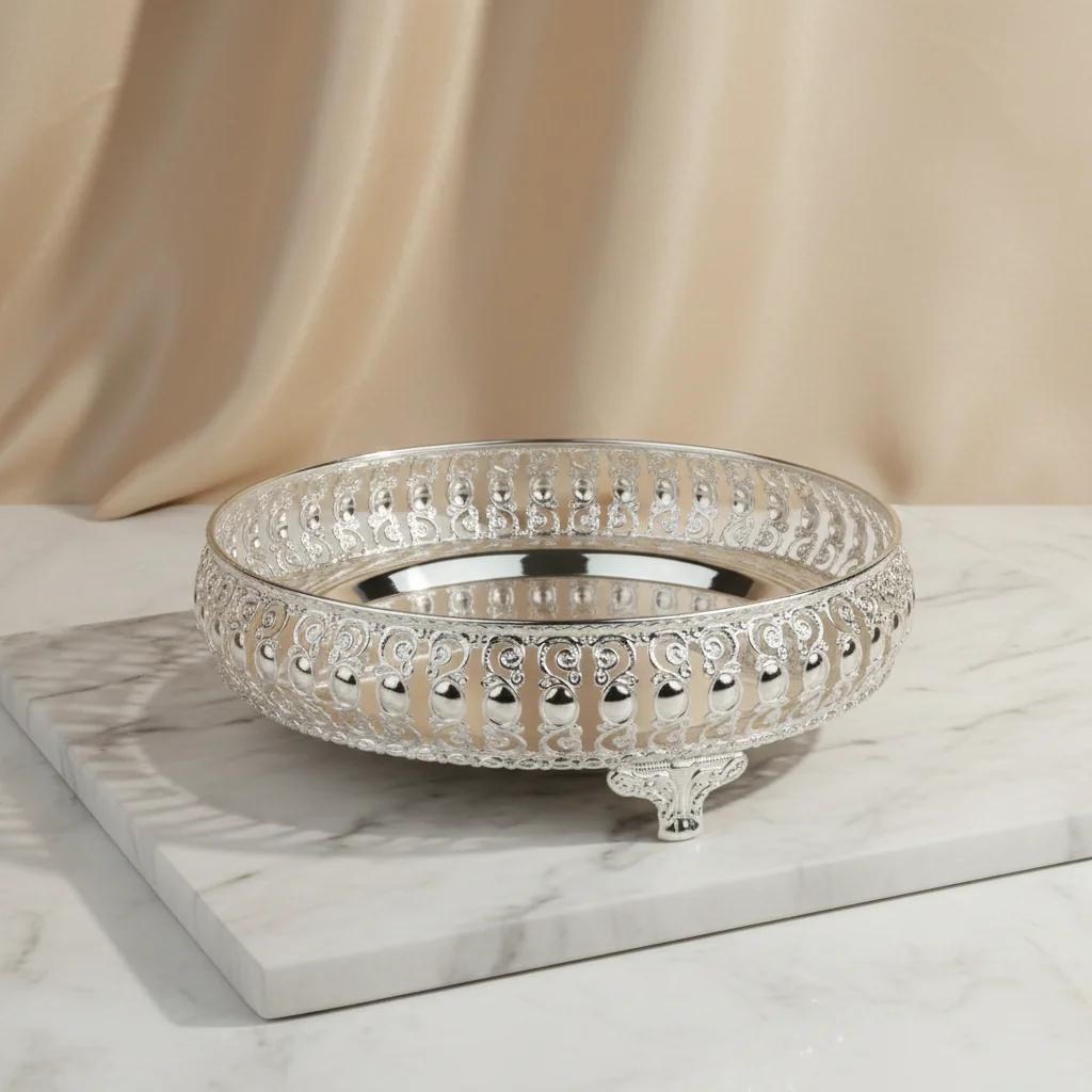 VPH Gift Store Traditional 10 Inch German Silver Tray for Pooja Ceremonies