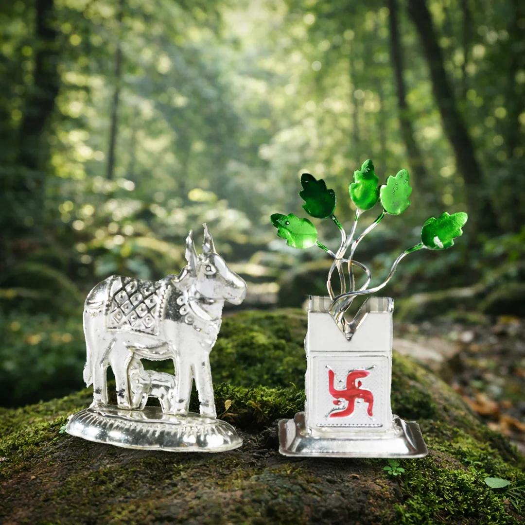 V Gifts Set of 10 German Silver 2 Inch Tulsi and 1 Inch Cow Calf for Home Worship
