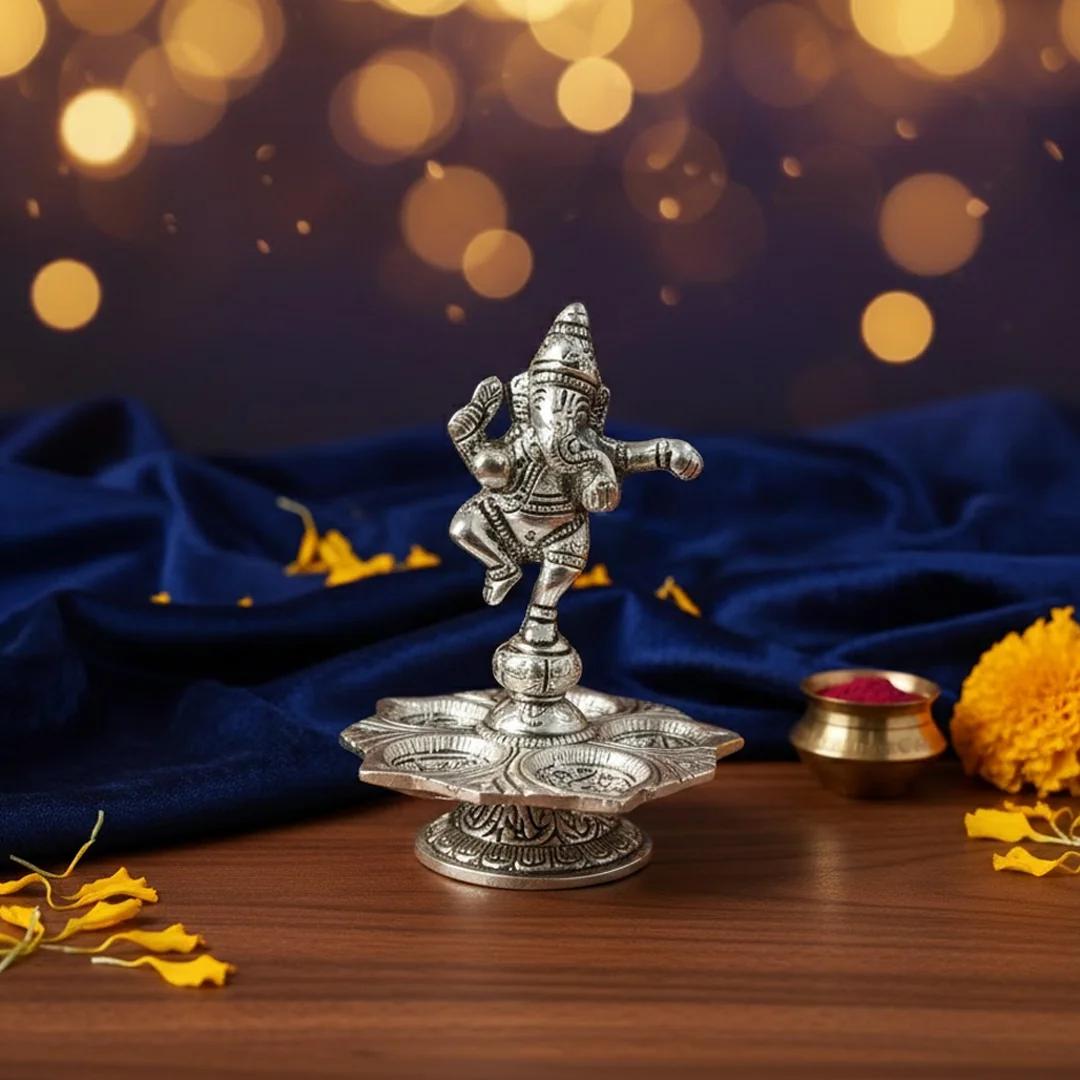 V Gifts Elegant Set of 2 German Silver Ganesh Diyas for Pooja and Special Occasions