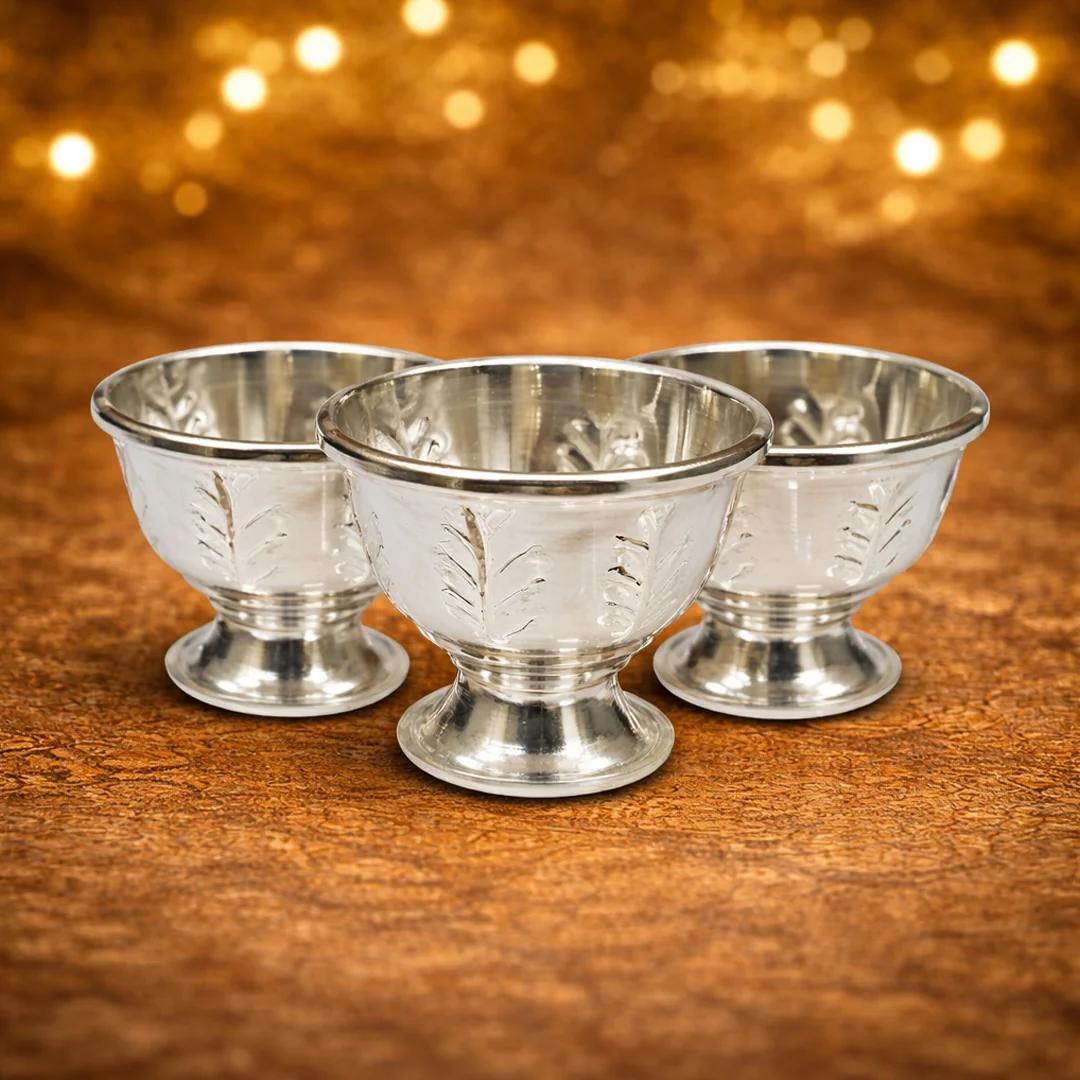 V Gifts Traditional 1 Inch German Silver Bowls Set of 10 for Pooja and Religious Use