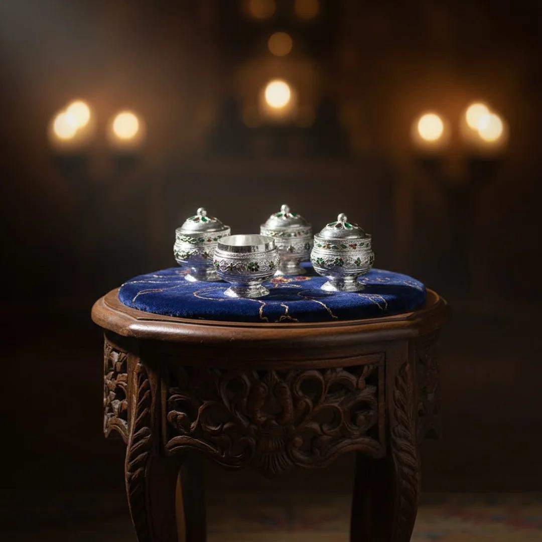 V Gifts Luxury German Silver Kumkuma Box Set of 10 for Pooja and Festive Gifting