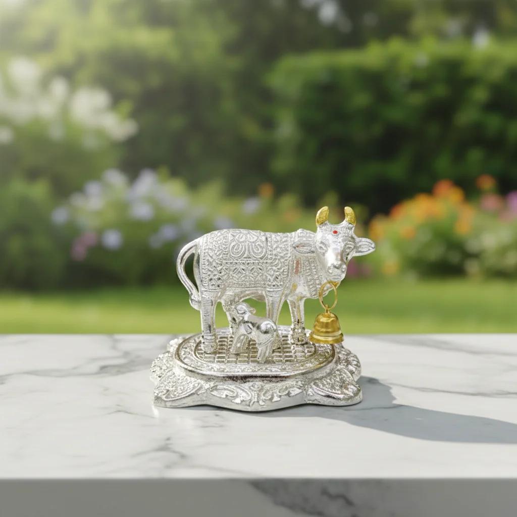 V Gifts German Silver Cow and Calf Idol Set of 2 for Pooja, Worship, and Gifting