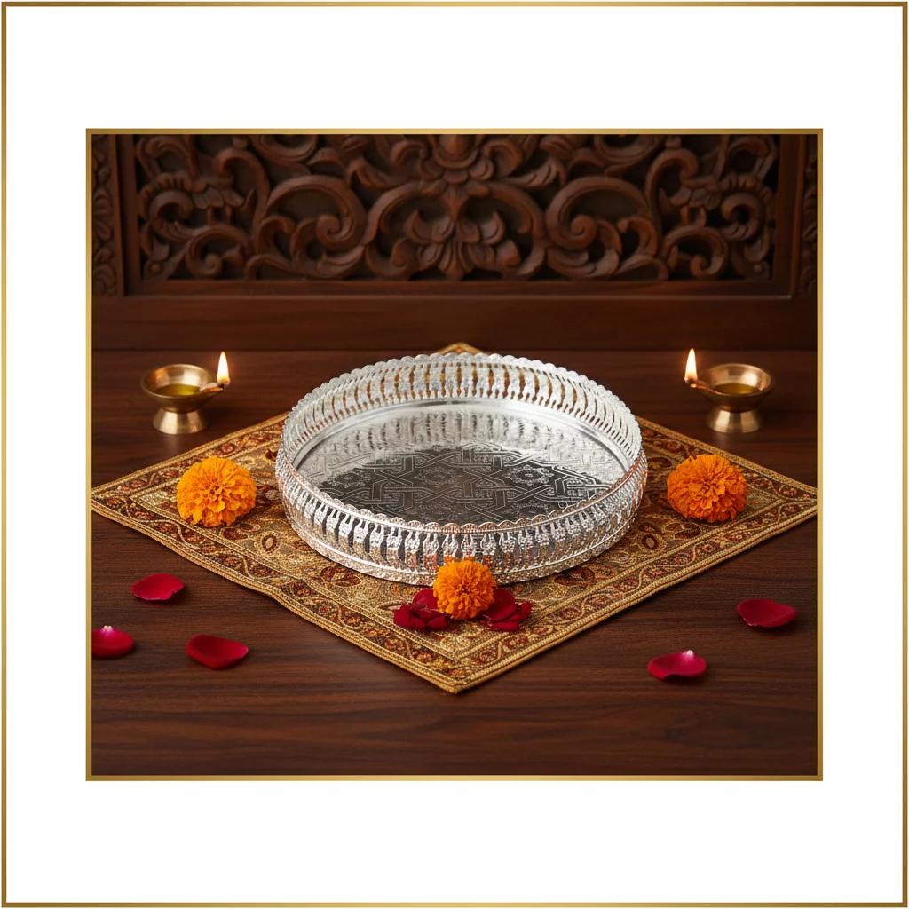 V Gifts Traditional 7-Inch German Silver Tray for Pooja and Gifting Purposes