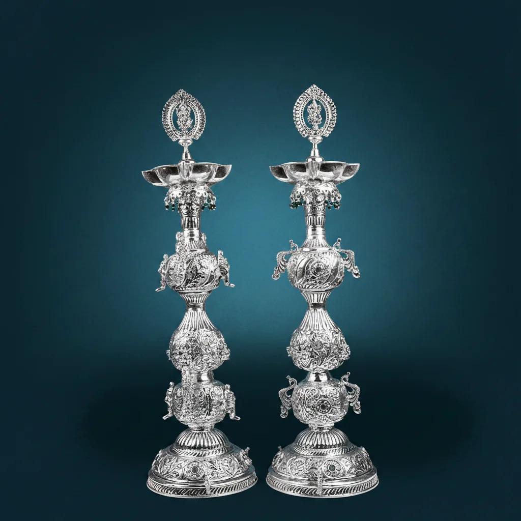 VPH Gift Store 25 Inch German Silver Antique Diyas Premium Handcrafted