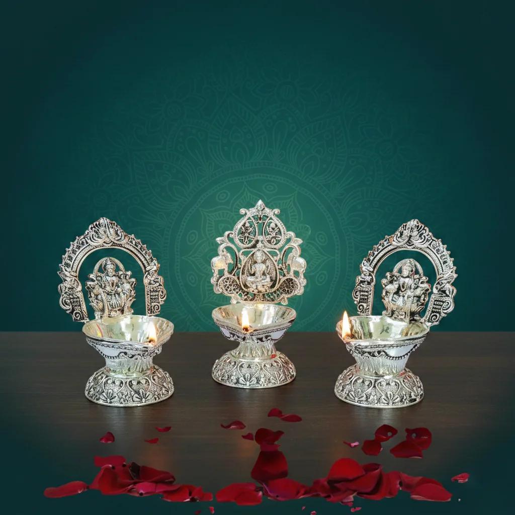 VPH Gift Store Premium Handcrafted German Silver Antique Kamakshi Deepam