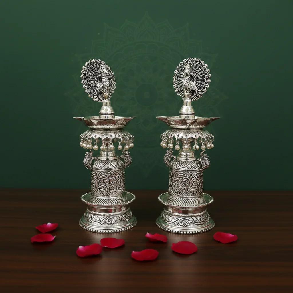 VPH Gift Store Premium Handcrafted German Silver 11 Inch Antique Diyas