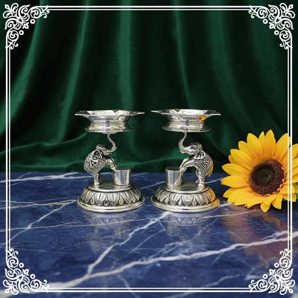 VPH Gift Store Antique German Silver 4 Inch Diyas for Temple and Home Décor