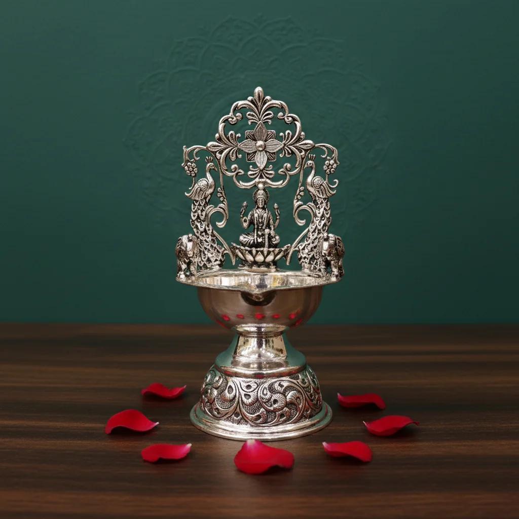 VPH Gift Store Antique German Silver 7.5 Inch Kamakshi Deepam Home Accessory