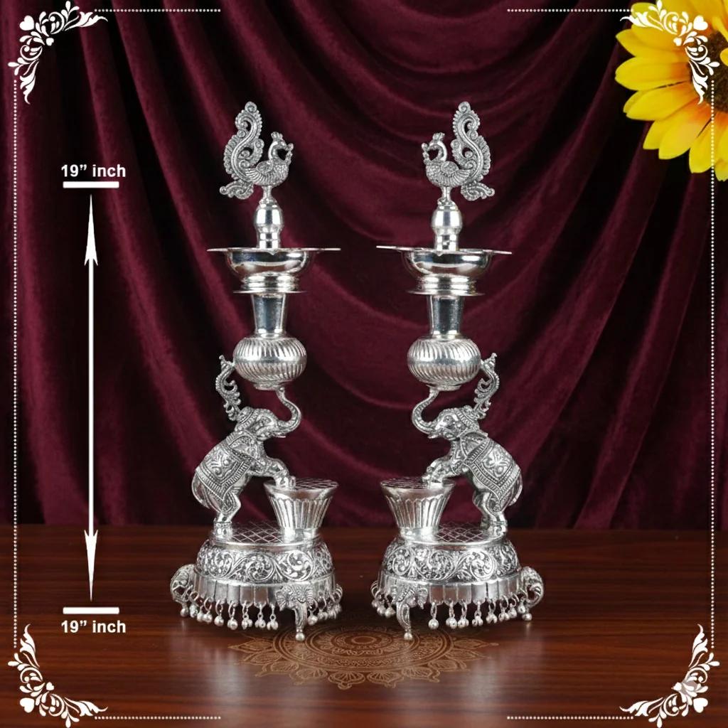 VPH Gift Store Antique Finish German Silver 19 Inch Diyas for Home Décor