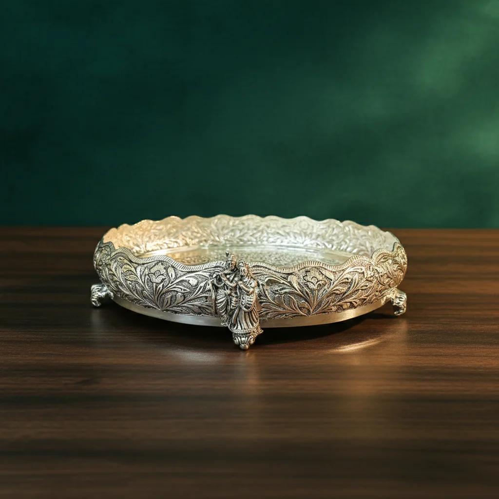 VPH Gift Store 12 Inch Antique German Silver Radha Krishna Plate