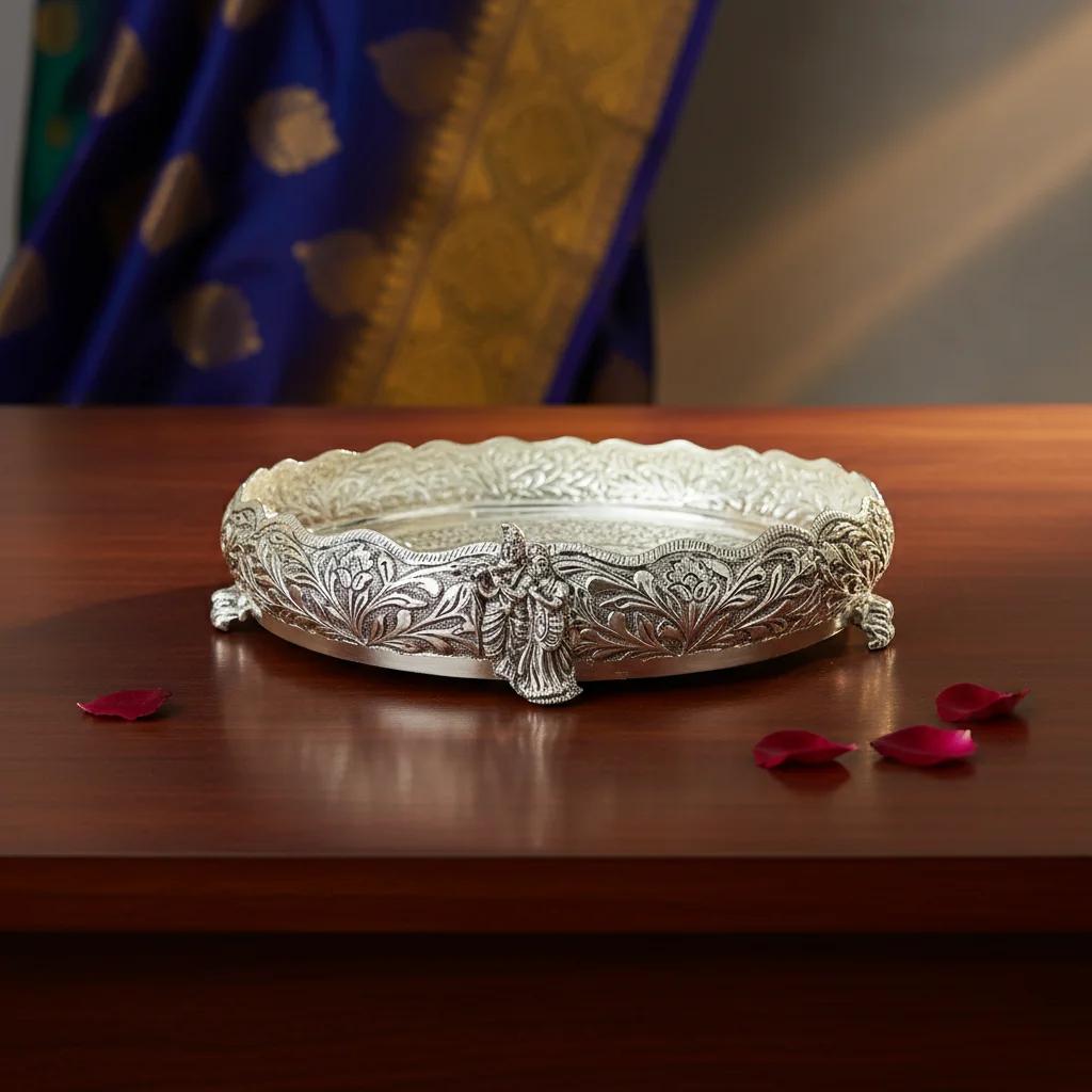 VPH Gift Store 10 Inch Antique German Silver Radha Krishna Plate