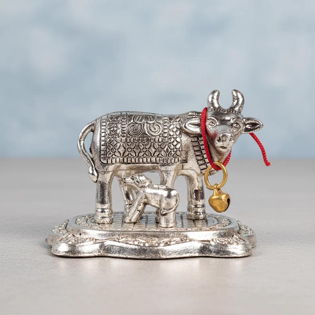 VPH Gift Store Luxury German Silver Antique Cow and Calf Set of 10 for Home and Temple