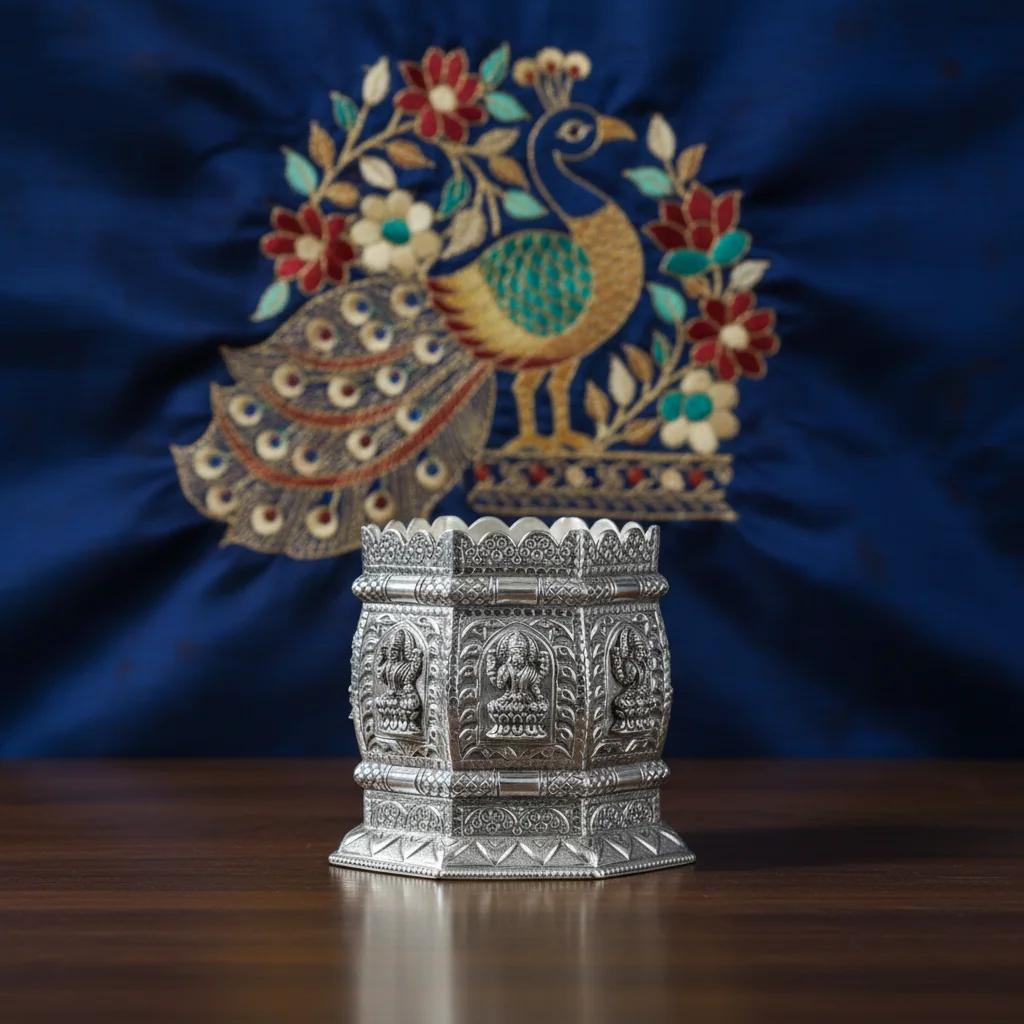 VPH Gift Store German Silver 8 Inch Tulasi Pot Ideal for Temple, Home, or Garden Use