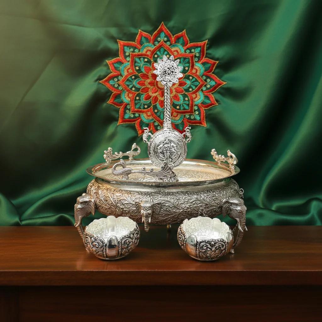 VPH Gift Store Elegant German Silver Antique Mangalaharathi for Pujas