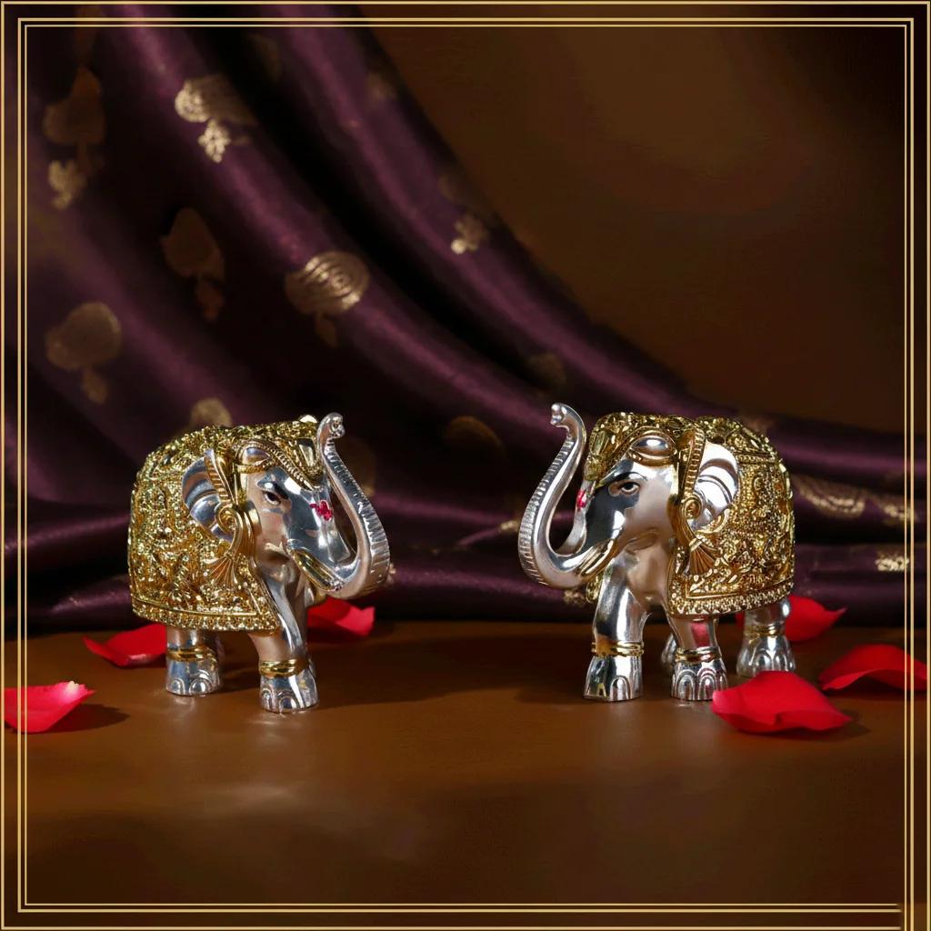 VPH Gift Store German Silver 4 Inch Silver Gold Elephants Decorative Piece