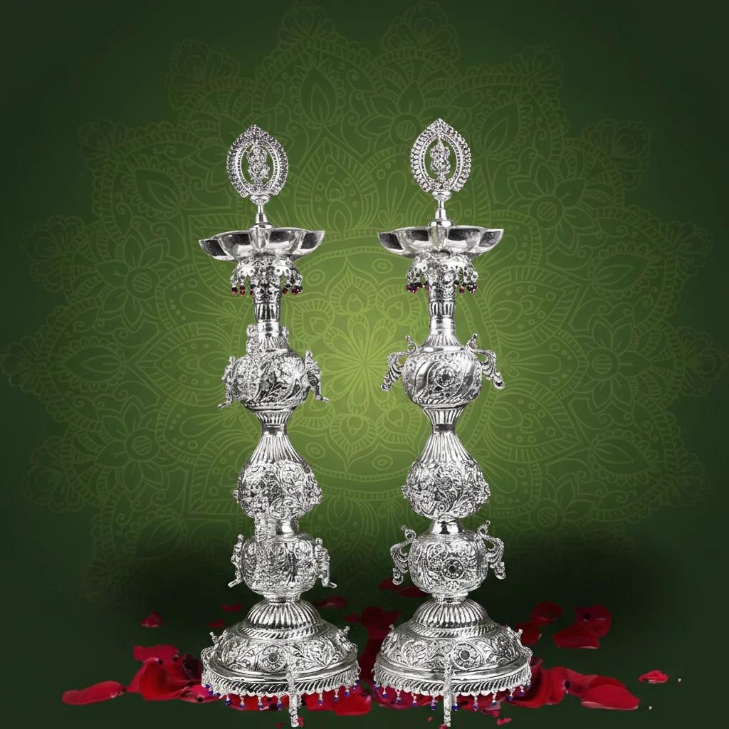 Value Gifts Elegant Antique German Silver 25 Inch Heavy Diyas for Worship