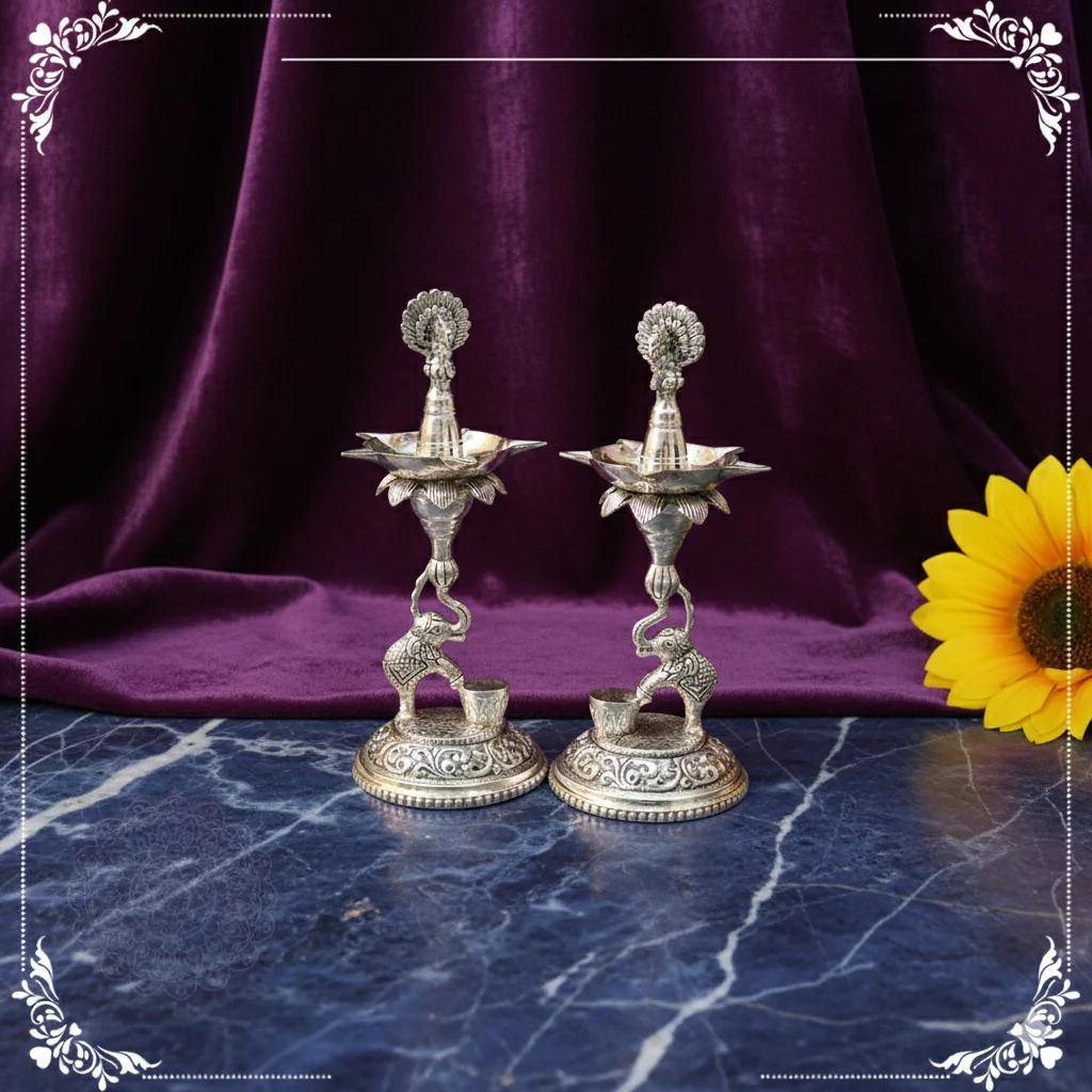 Value Gifts German Silver 13 Inch Antique Diyas for Spiritual Lighting