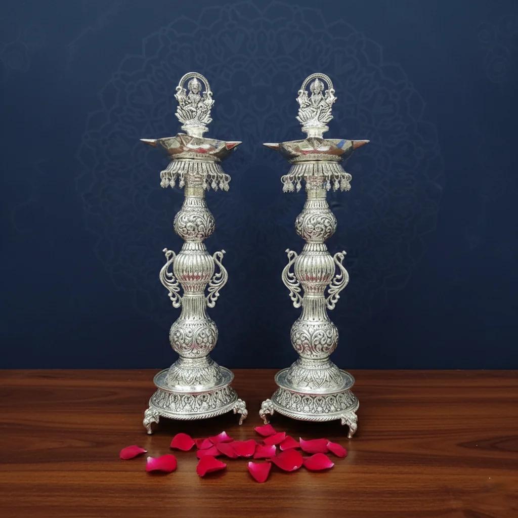 Value Gifts 22 Inch Antique German Silver Diyas for Pooja Rituals and Ceremonies