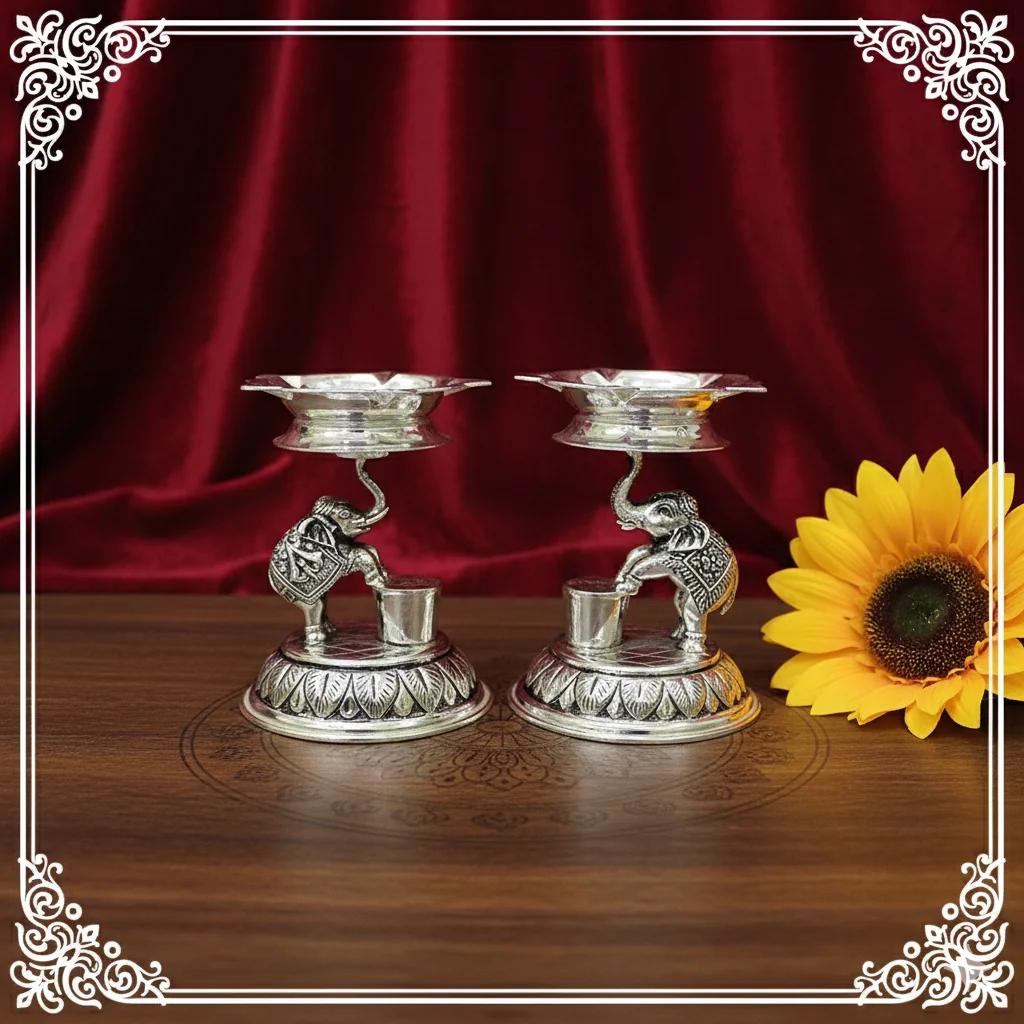 Value Gifts German Silver 4 Inch Antique Diyas Ideal for Spiritual Gifts