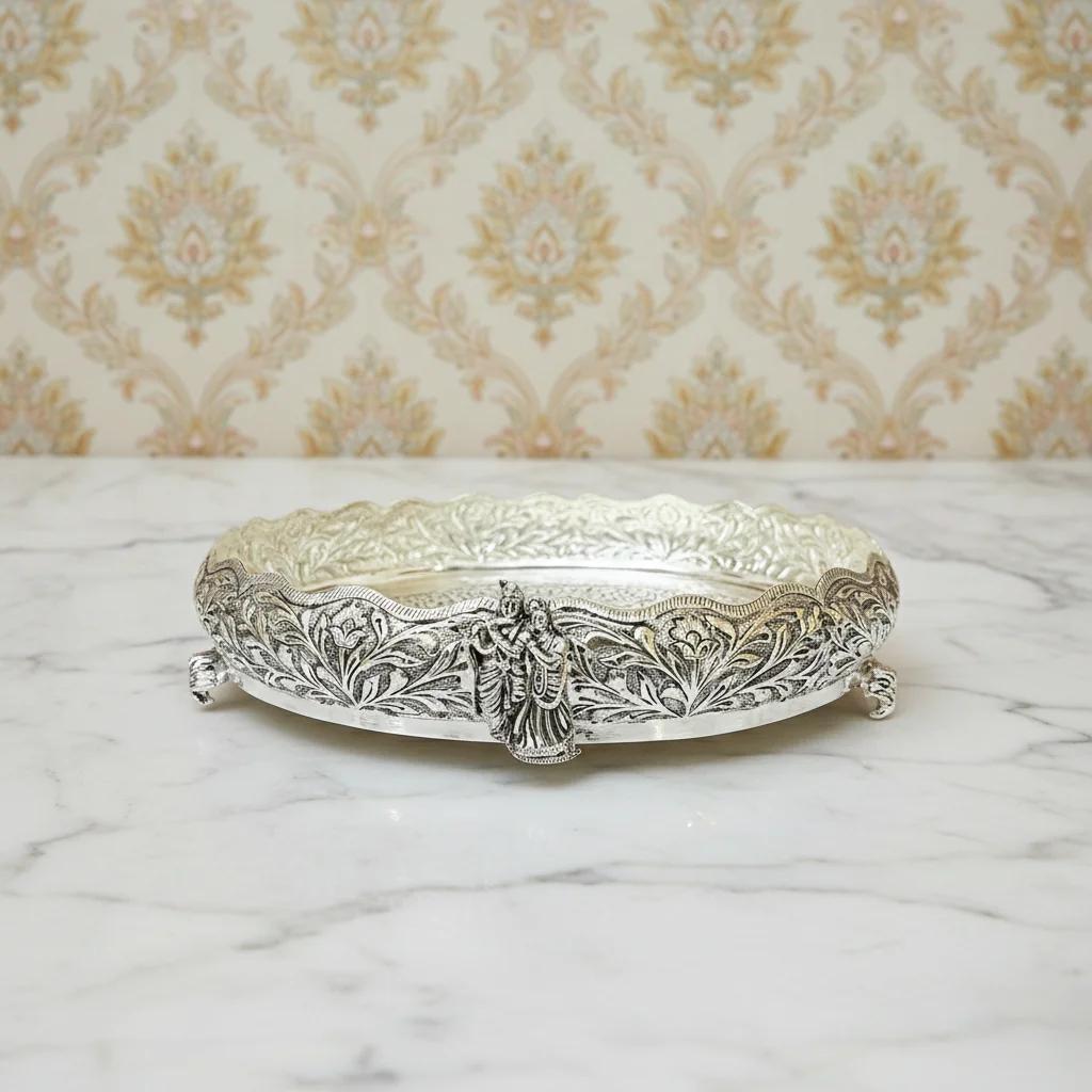 Value Gifts Elegant 12 Inch Antique German Silver Radha Krishna Plate for Devotional Decor