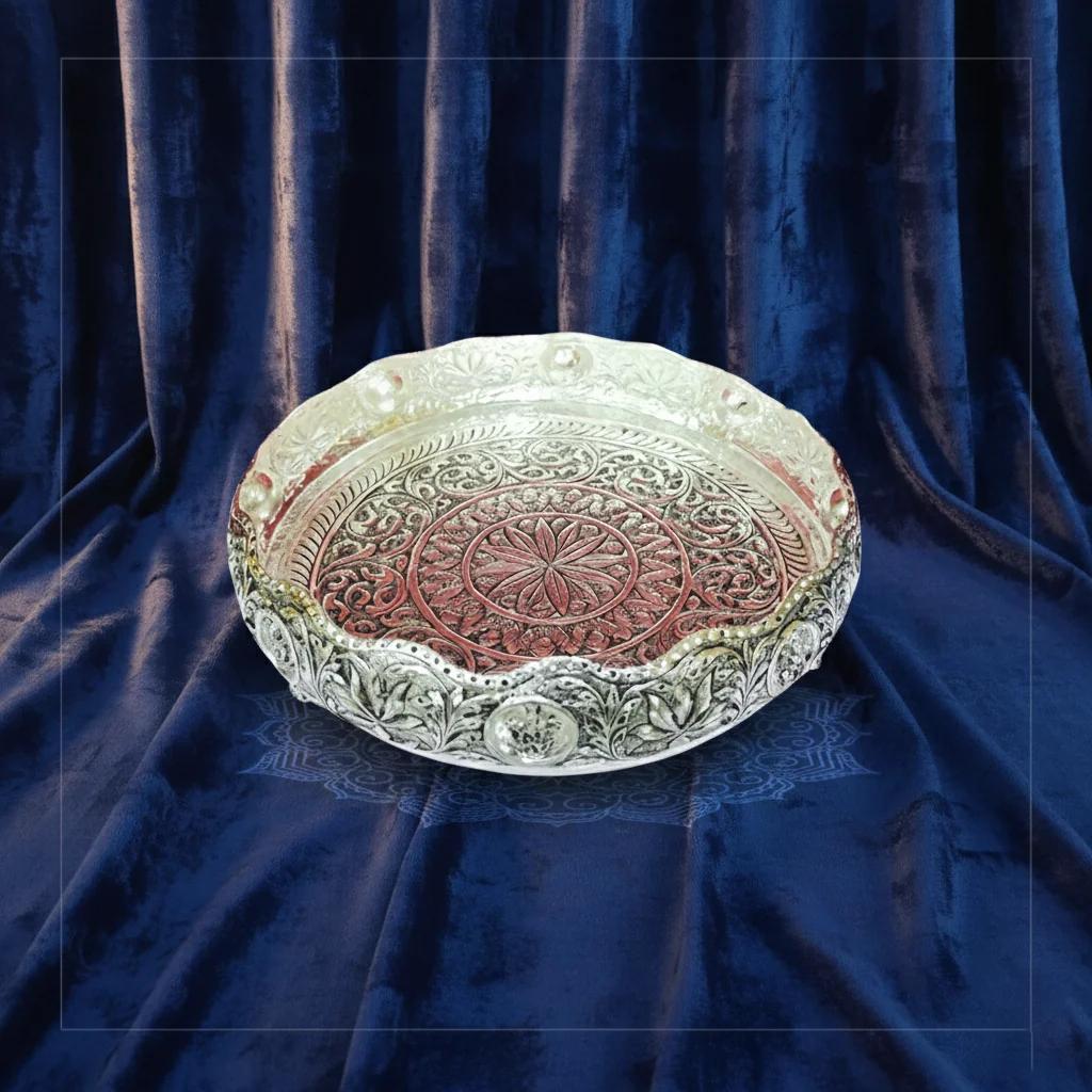 Value Gifts Premium 8 Inch Antique German Silver Lakshmi Plate for Prosperity and Worship