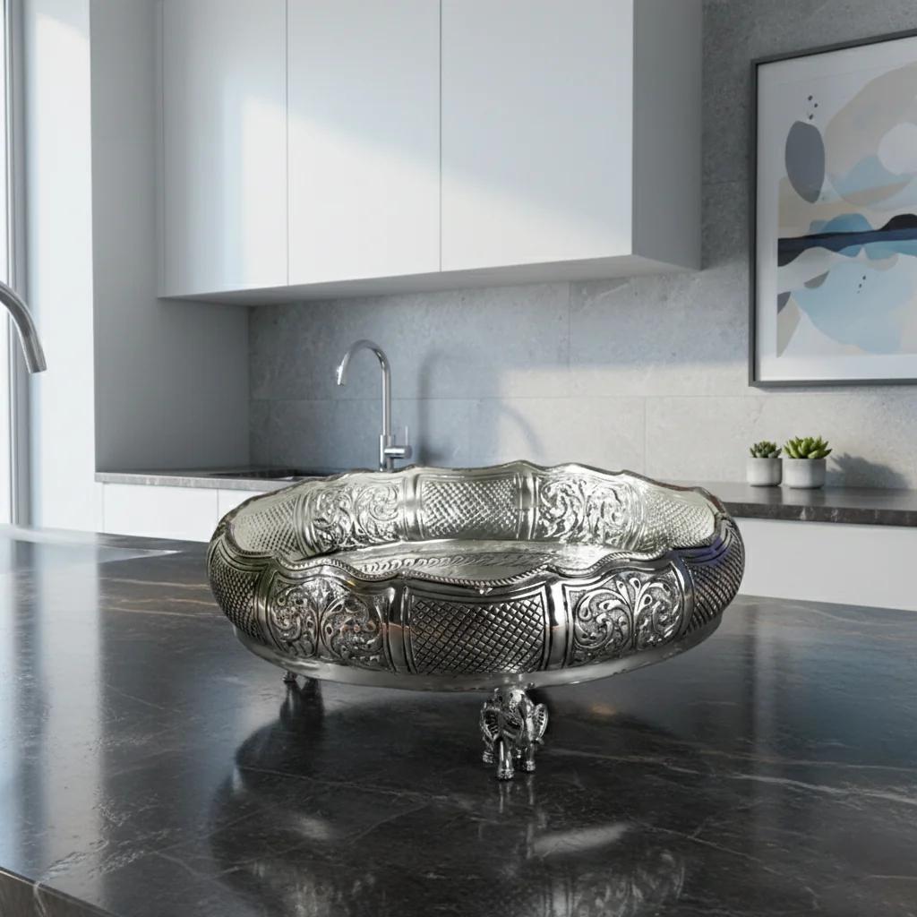 Value Gifts Premium 10 Inch Antique German Silver Elephant Leg Plate for Traditional Ceremonies