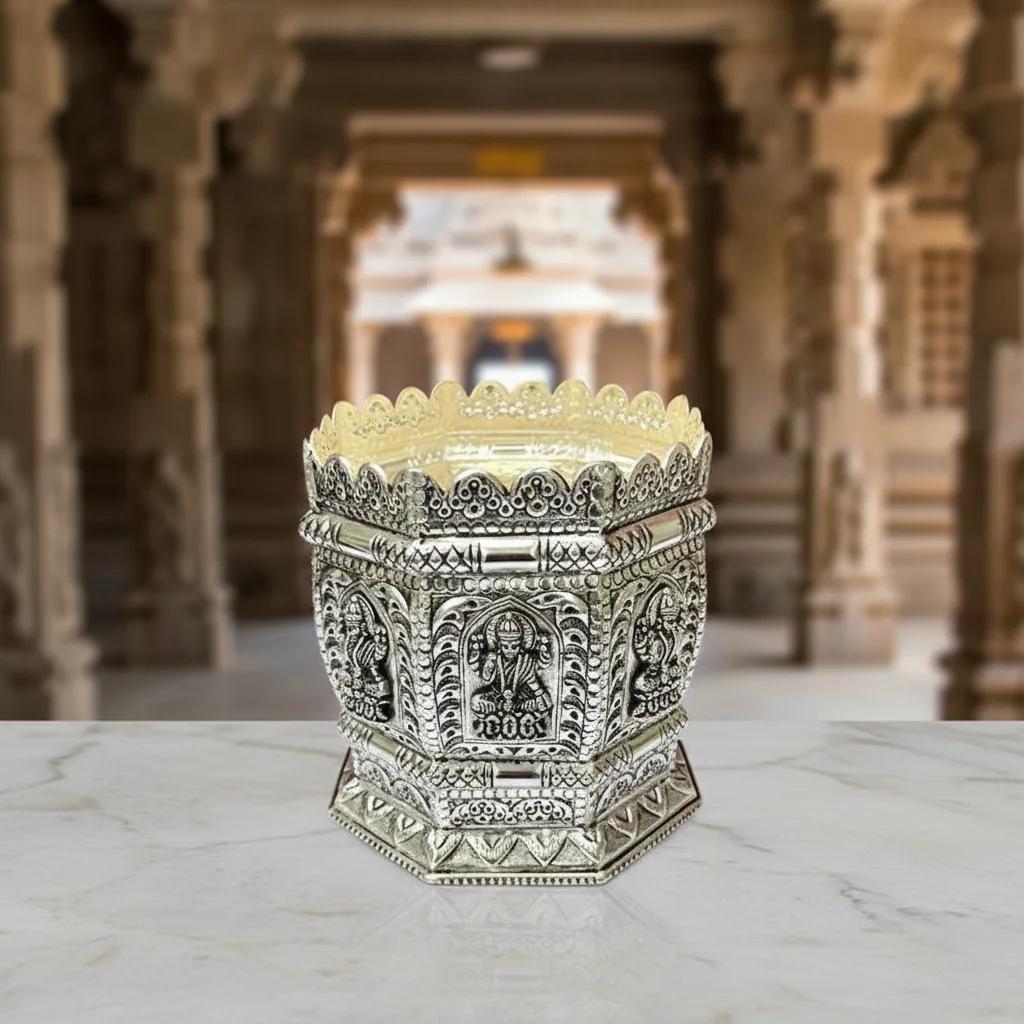 Value Gifts Traditional German Silver Nine Inch Hexagon Pot for Tulasi Plant